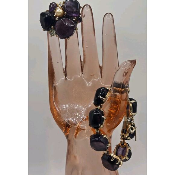 Vintage Purple Cabochon Bracelet & Brooch Set – Gold Tone Statement Costume... - Picture 1 of 7